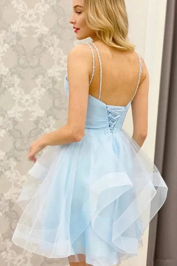 OKBBN's stunning and dignified short V-neck chiffon thin shoulder strap Homecoming Dresses
