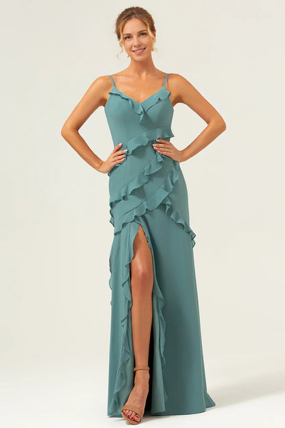 OKBBN's stunning flowing and tight thin shoulder straps with ruffled edges and floor Bridesmaid Dresses
