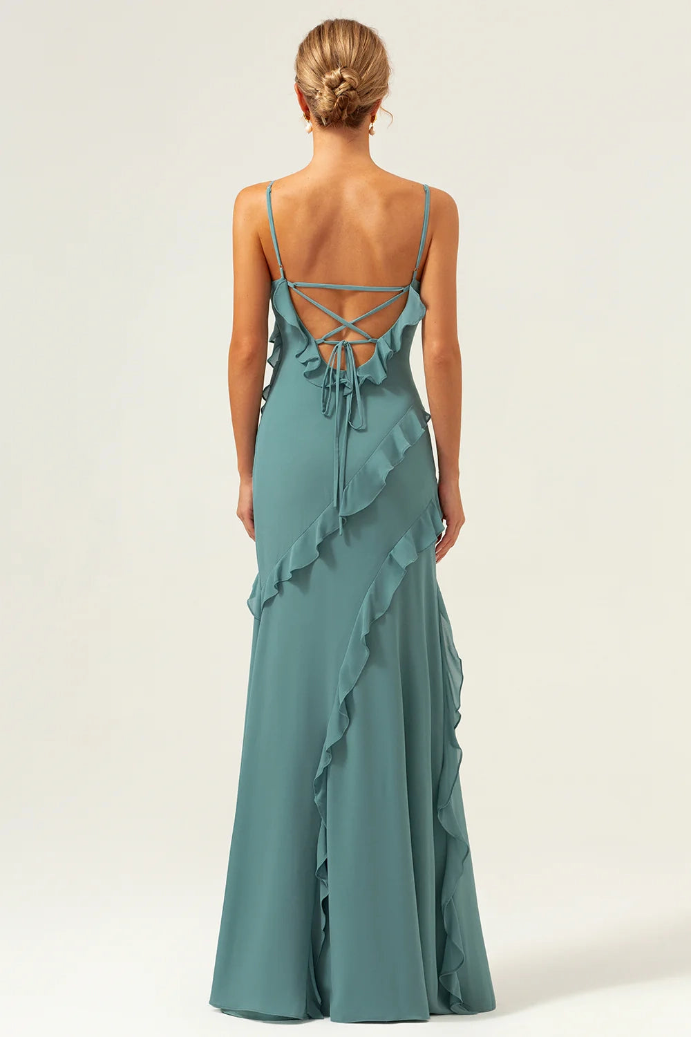 OKBBN's stunning flowing and tight thin shoulder straps with ruffled edges and floor Bridesmaid Dresses