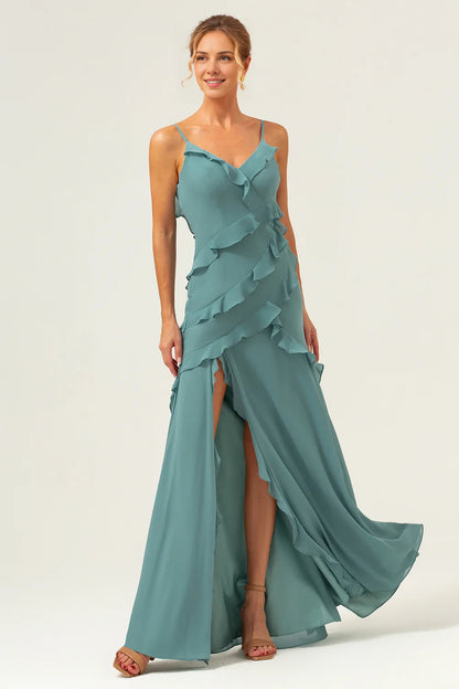 OKBBN's stunning flowing and tight thin shoulder straps with ruffled edges and floor Bridesmaid Dresses