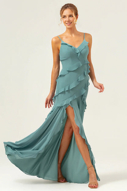 OKBBN's stunning flowing and tight thin shoulder straps with ruffled edges and floor Bridesmaid Dresses