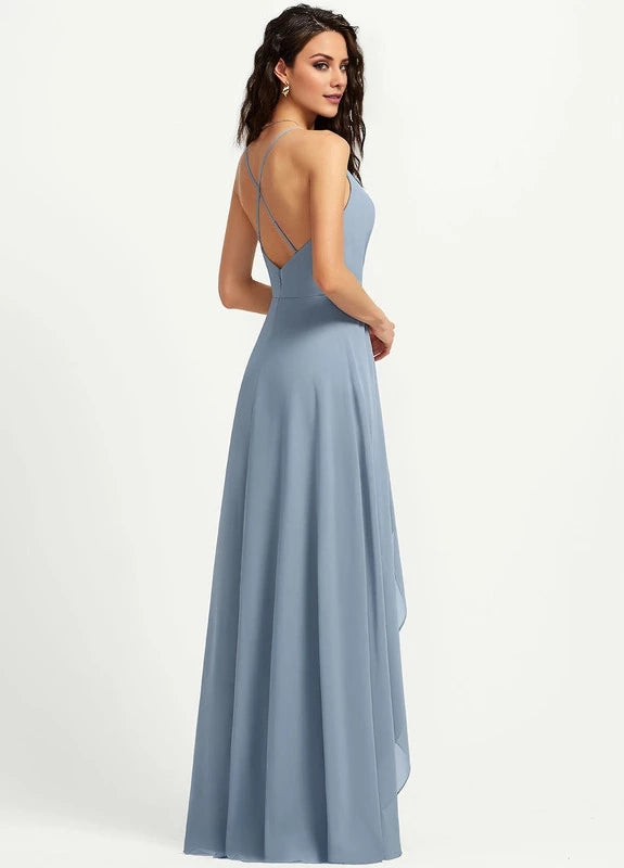 OKBBN's stunning flowing thin shoulder straps with ruffled edges and V-neck Prom Dresses