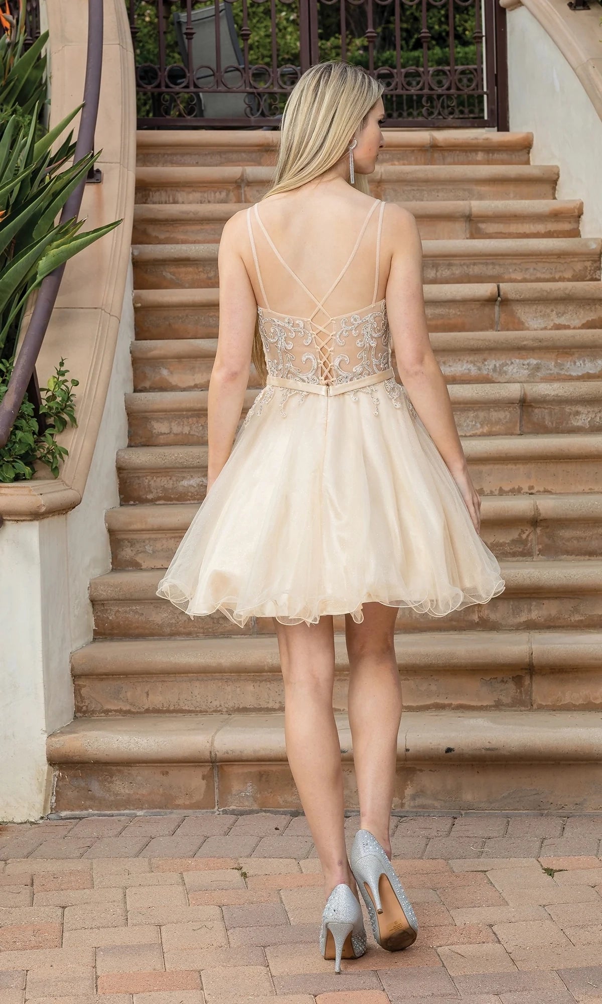 OKBBN's stunningly beautiful V-neck bead tight corset with see through lace up back Homecoming Dresses