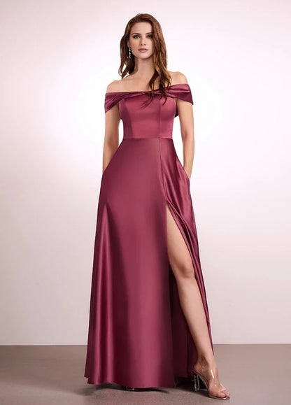 OKBBN's stunning satin off shoulder slit slim fit Prom Dresses