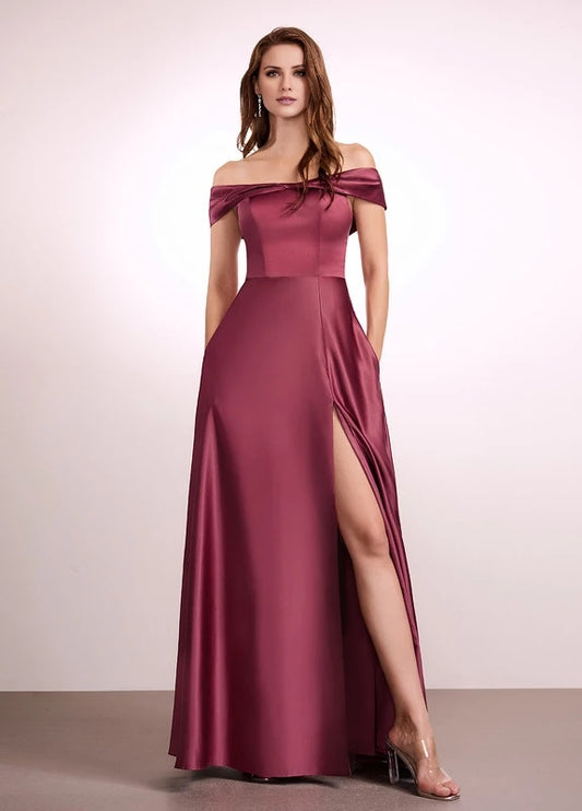 OKBBN's stunning satin off shoulder slit slim fit Prom Dresses