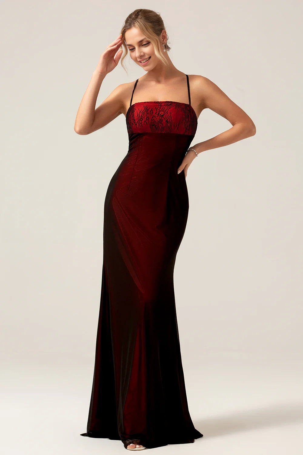OKBBN's stunning tight fitting thin shoulder straps with exposed back and floor Bridesmaid Dresses