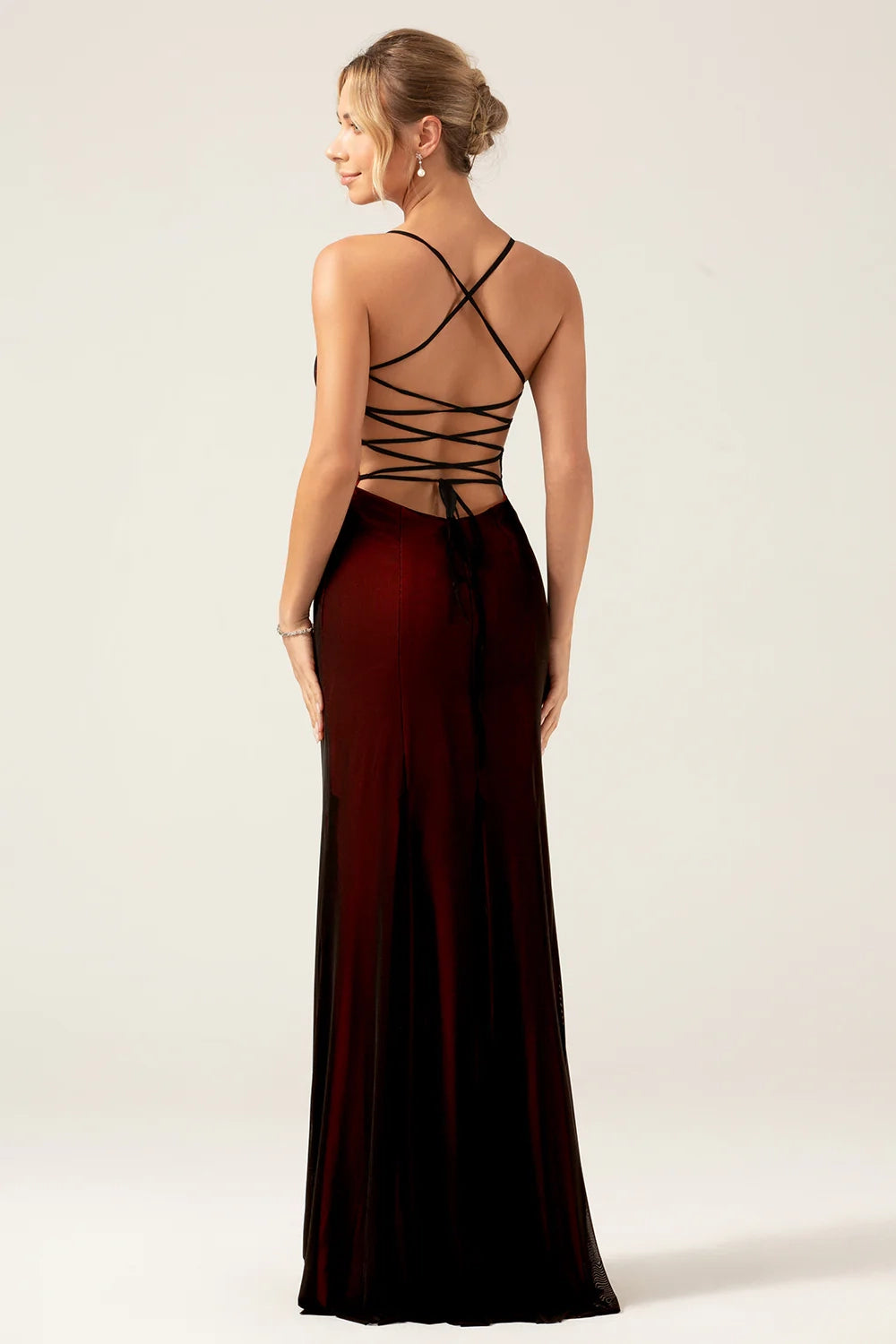 OKBBN's stunning tight fitting thin shoulder straps with exposed back and floor Bridesmaid Dresses