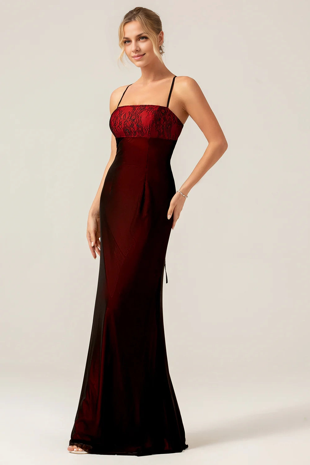 OKBBN's stunning tight fitting thin shoulder straps with exposed back and floor Bridesmaid Dresses