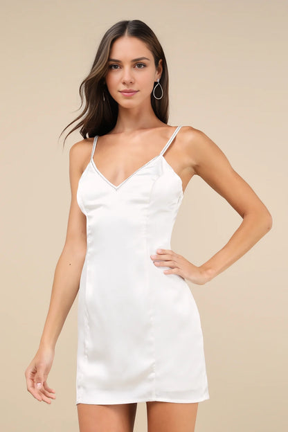 OKBBN's stunning woven satin sleeveless tight corset V-neck, low cut back, Homecoming Dresses
