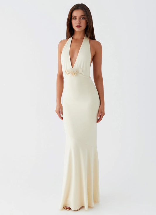 OKBBN's timeless and elegant V-neck, lace up back, backless Prom Dresses