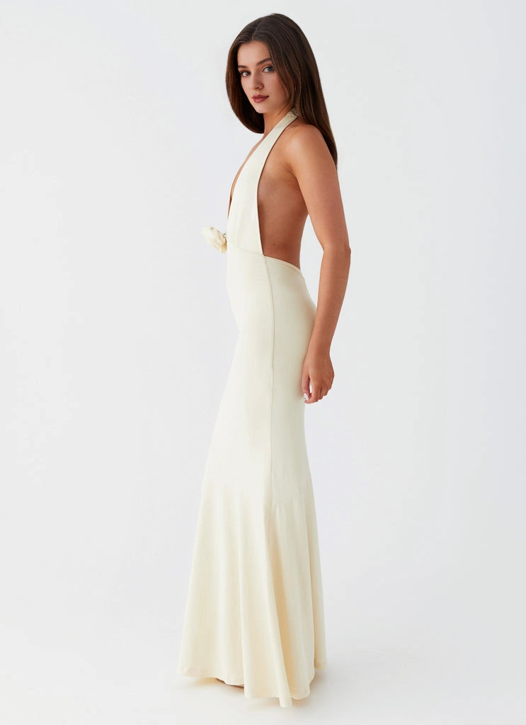 OKBBN's timeless and elegant V-neck, lace up back, backless Prom Dresses