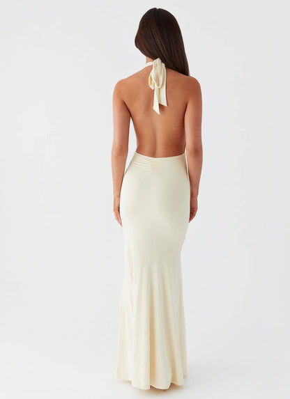 OKBBN's timeless and elegant V-neck, lace up back, backless Prom Dresses