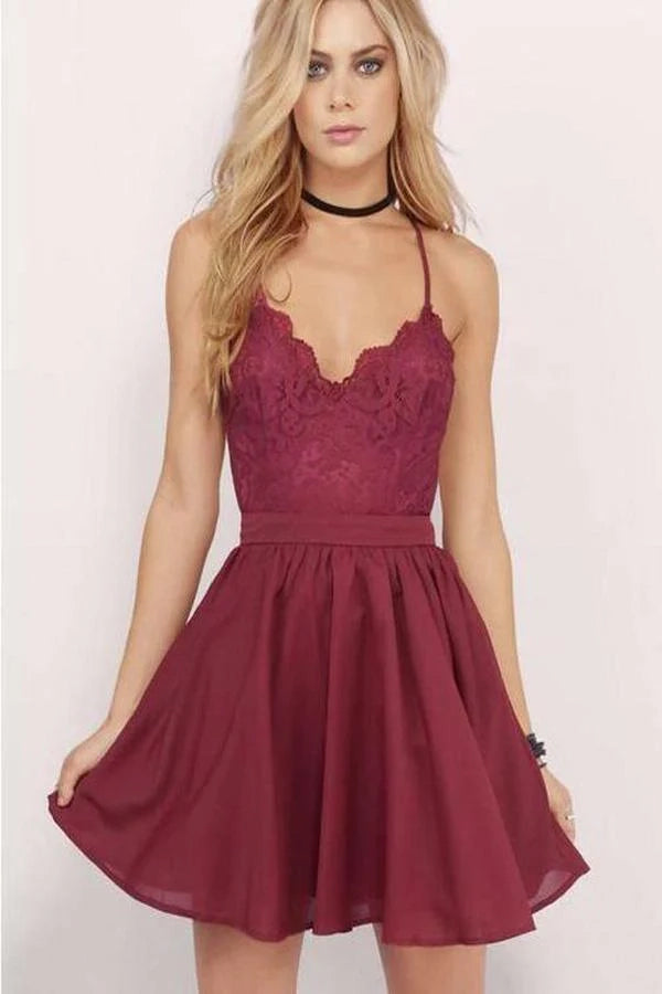OKBBN's timeless and elegant thin shoulder strap A-line silhouette lace backless Homecoming Dresses