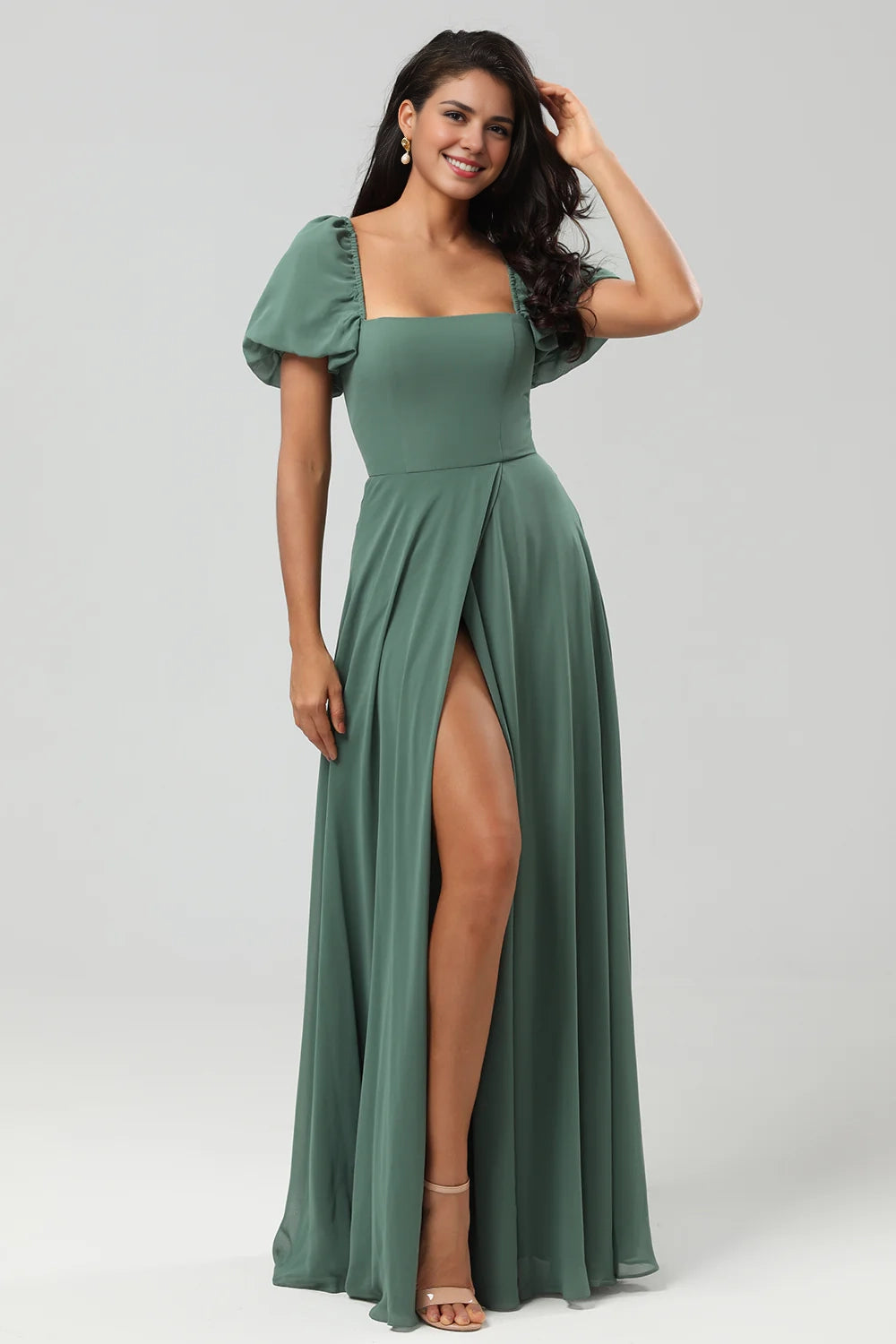 OKBBN's unique A-line square neck chiffon bubble sleeves with slits for Bridesmaid Dresses