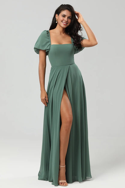 OKBBN's unique A-line square neck chiffon bubble sleeves with slits for Bridesmaid Dresses