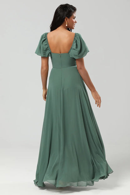 OKBBN's unique A-line square neck chiffon bubble sleeves with slits for Bridesmaid Dresses