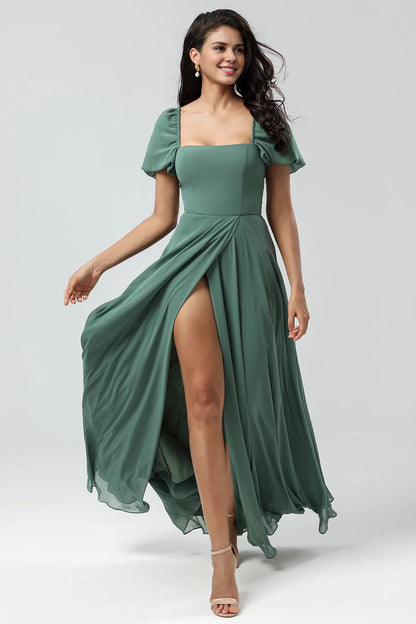 OKBBN's unique A-line square neck chiffon bubble sleeves with slits for Bridesmaid Dresses