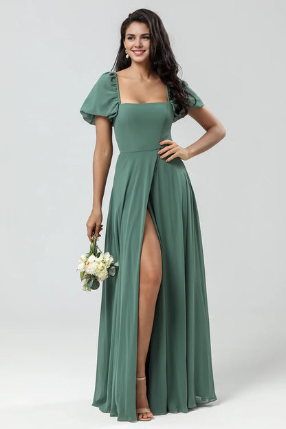 OKBBN's unique A-line square neck chiffon bubble sleeves with slits for Bridesmaid Dresses