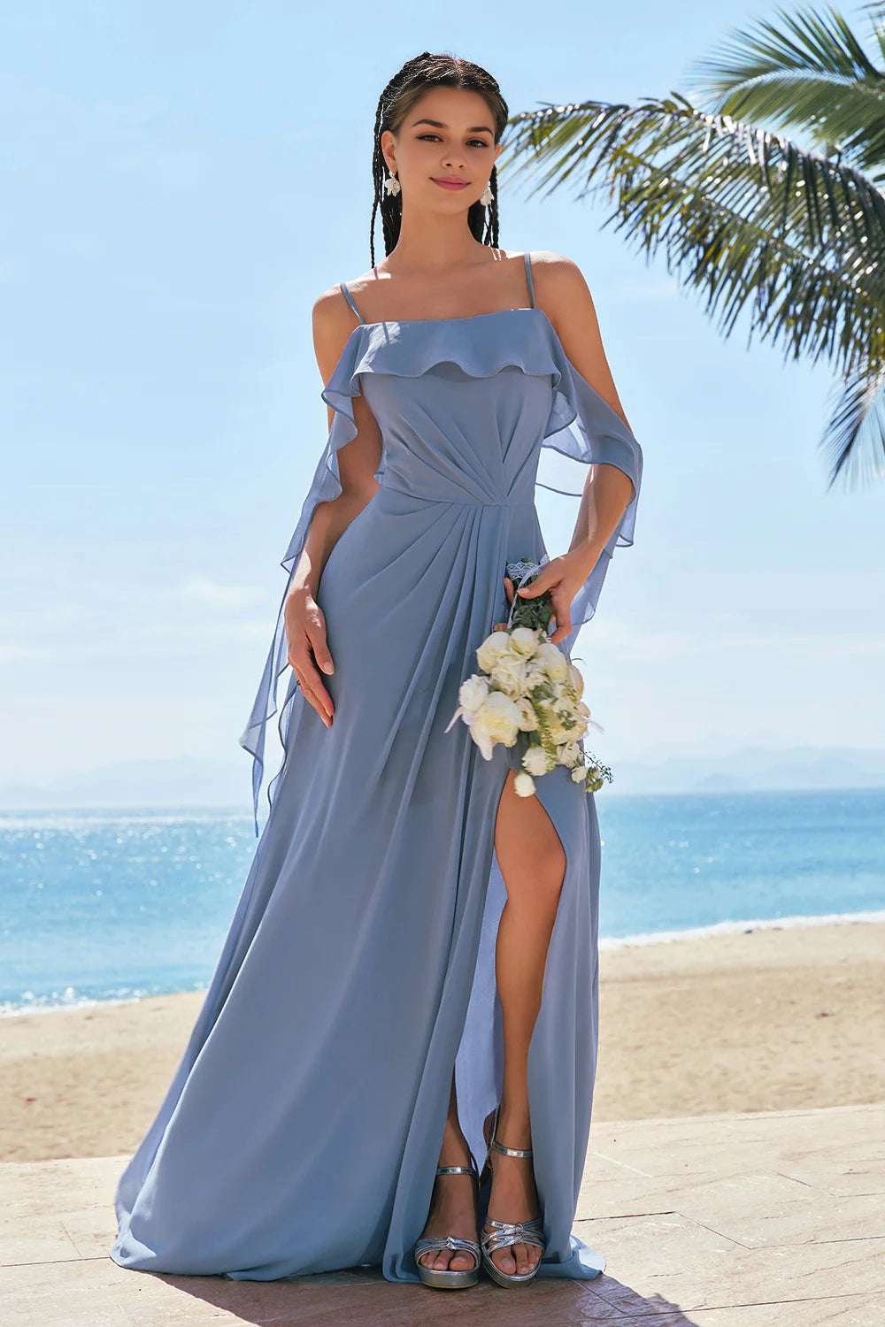 OKBBN's uniquely designed A-line off shoulder pleated chiffon slit long Bridesmaid Dresses
