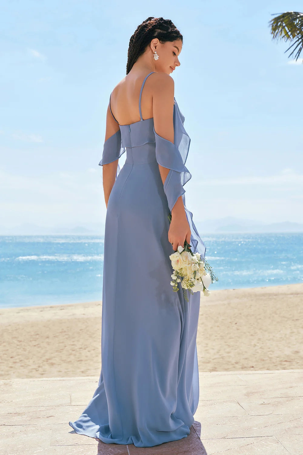 OKBBN's uniquely designed A-line off shoulder pleated chiffon slit long Bridesmaid Dresses