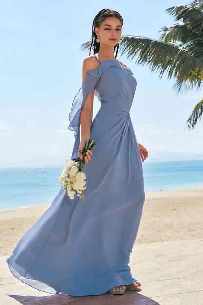 OKBBN's uniquely designed A-line off shoulder pleated chiffon slit long Bridesmaid Dresses