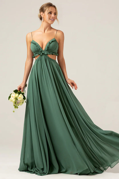 OKBBN's uniquely designed A-line thin shoulder strap backless chiffon long Bridesmaid Dresses