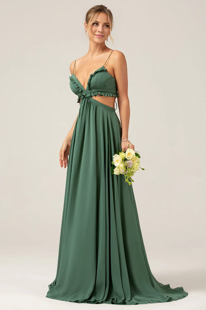 OKBBN's uniquely designed A-line thin shoulder strap backless chiffon long Bridesmaid Dresses