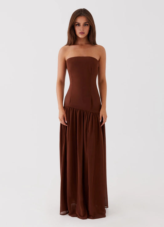 OKBBN's unique off shoulder collar with semi transparent chiffon front slit Prom Dresses