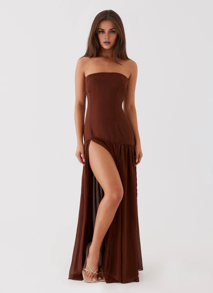 OKBBN's unique off shoulder collar with semi transparent chiffon front slit Prom Dresses
