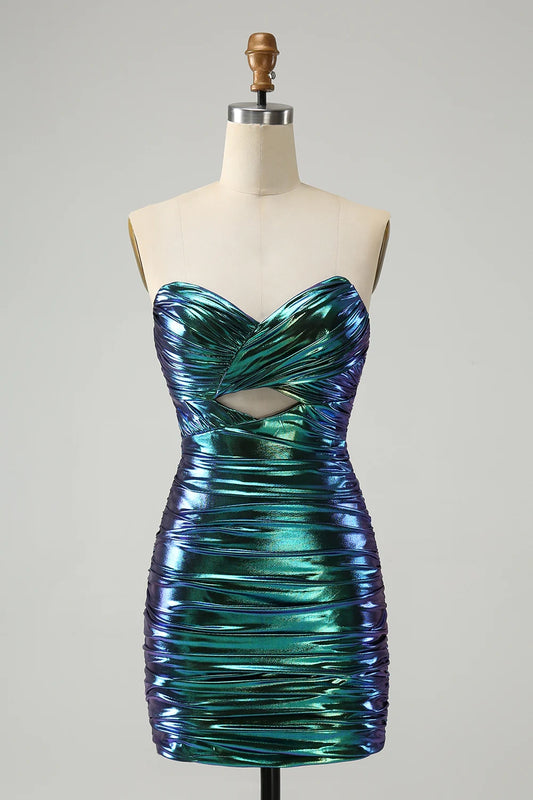 OKBBN's unique off shoulder lock hole pleated tight metal Homecoming Dresses