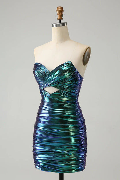 OKBBN's unique off shoulder lock hole pleated tight metal Homecoming Dresses