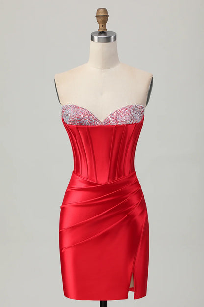 OKBBN tight off shoulder waistband satin short slit Homecoming Dresses