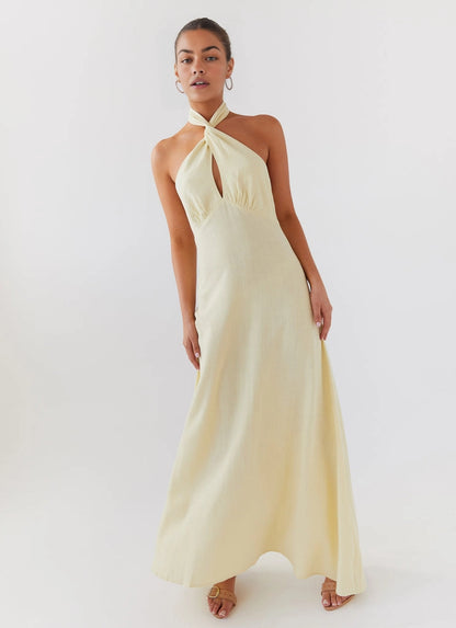 OKBBN beautiful linen backless collar with keyhole cut, backless shoulder Prom Dresses