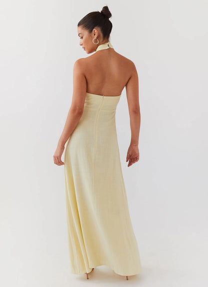 OKBBN beautiful linen backless collar with keyhole cut, backless shoulder Prom Dresses