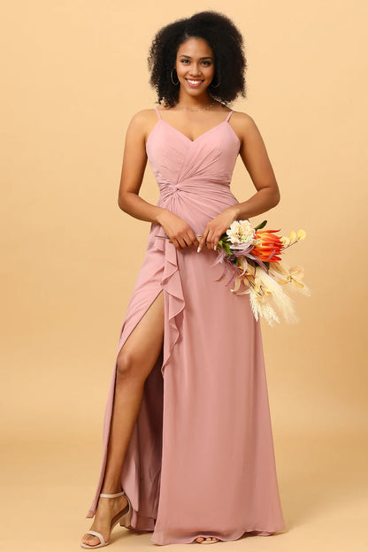 OKBBN charming A-line V-neck chiffon lotus leaf side length slit Bridesmaid Dresses