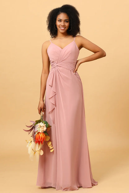 OKBBN charming A-line V-neck chiffon lotus leaf side length slit Bridesmaid Dresses