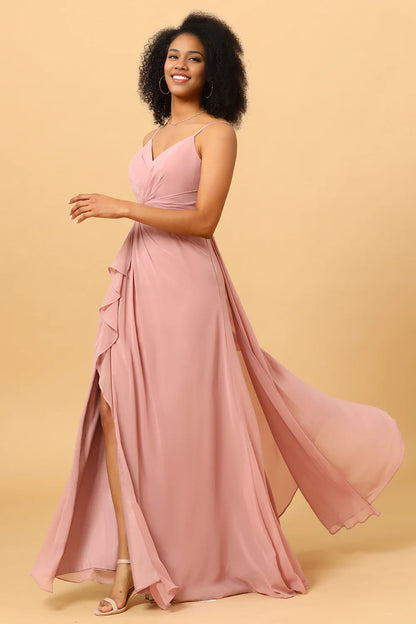 OKBBN charming A-line V-neck chiffon lotus leaf side length slit Bridesmaid Dresses