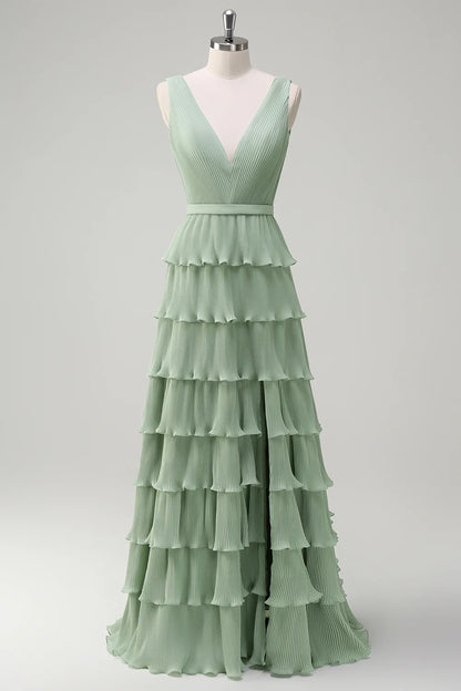 OKBBN charming A-line V-neck pleated multi-layer backless long slit Bridesmaid Dresses