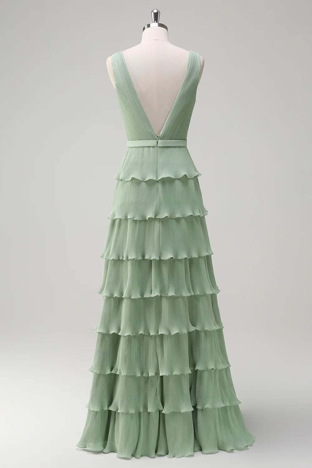 OKBBN charming A-line V-neck pleated multi-layer backless long slit Bridesmaid Dresses