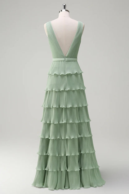 OKBBN charming A-line V-neck pleated multi-layer backless long slit Bridesmaid Dresses