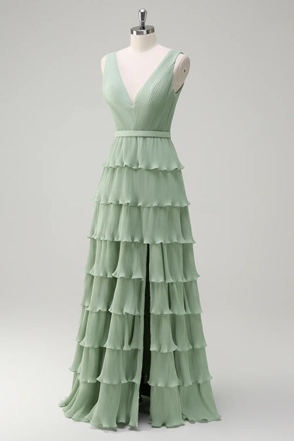 OKBBN charming A-line V-neck pleated multi-layer backless long slit Bridesmaid Dresses