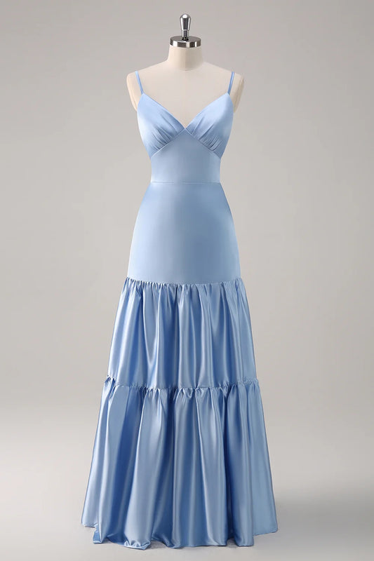 OKBBN charming A-line V-neck thin shoulder strap with ruffled satin Bridesmaid Dresses