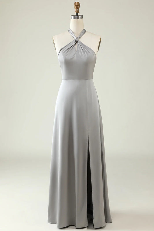 OKBBN charming A-line backless shiny satin slit Bridesmaid Dresses