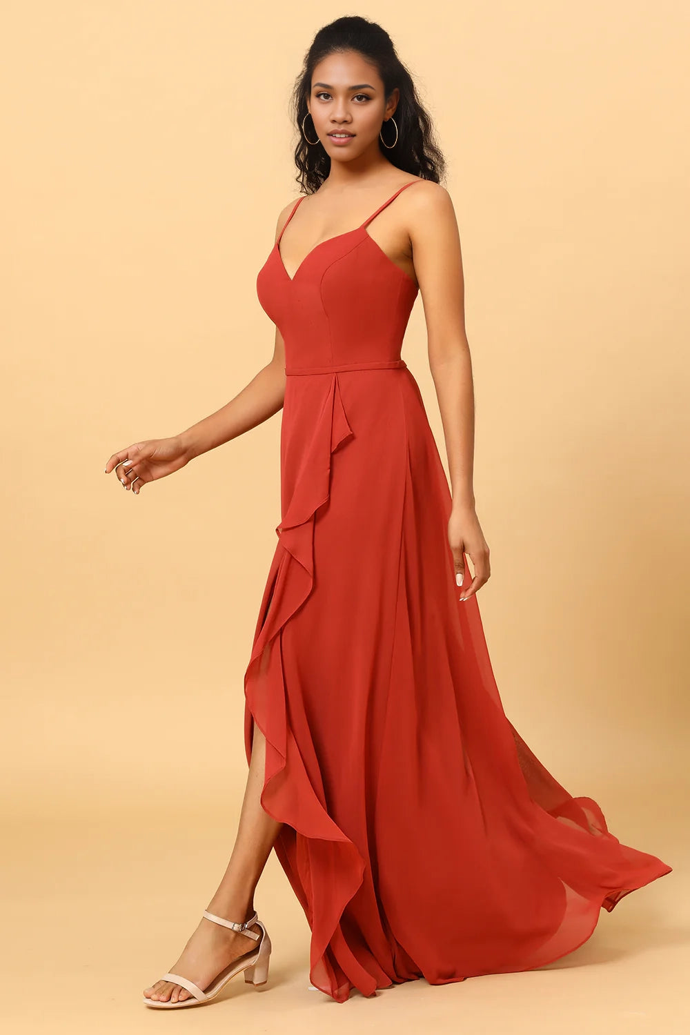 OKBBN charming A-line sweetheart long chiffon ruffled Bridesmaid Dresses