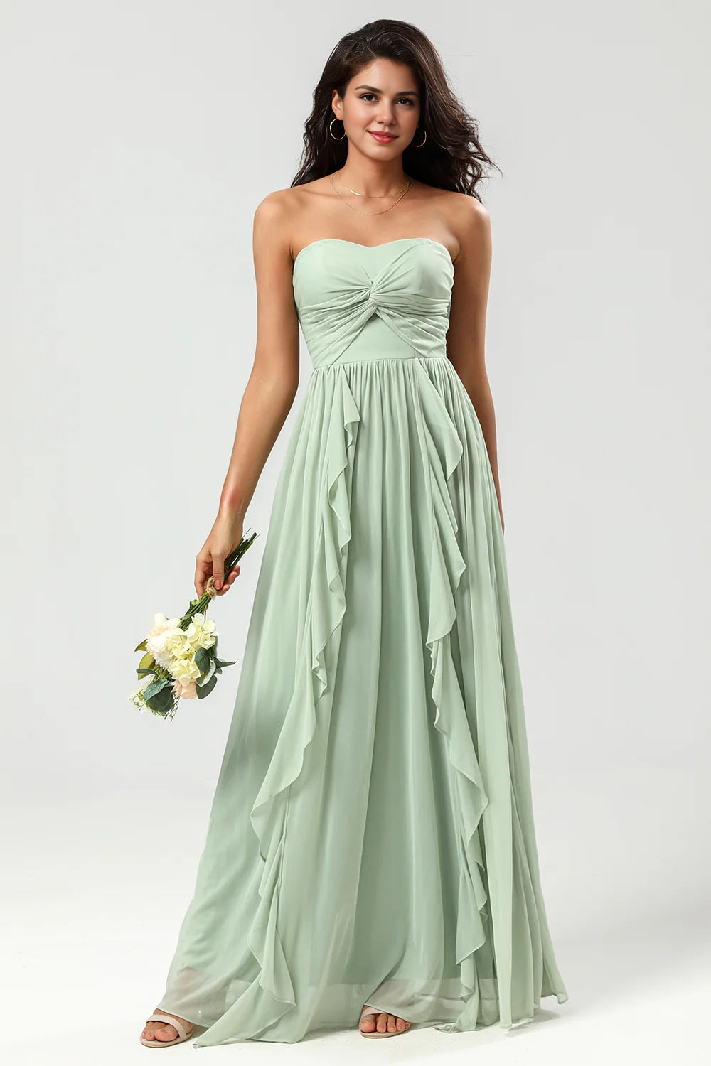 OKBBN charming A-line sweetheart long knitted chiffon ruffled Bridesmaid Dresses