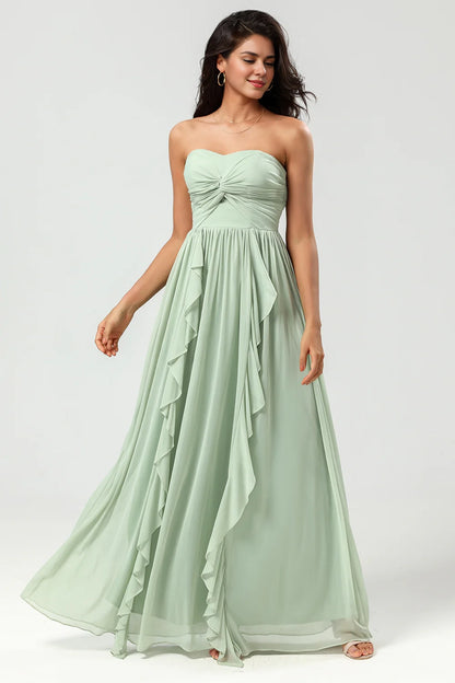 OKBBN charming A-line sweetheart long knitted chiffon ruffled Bridesmaid Dresses