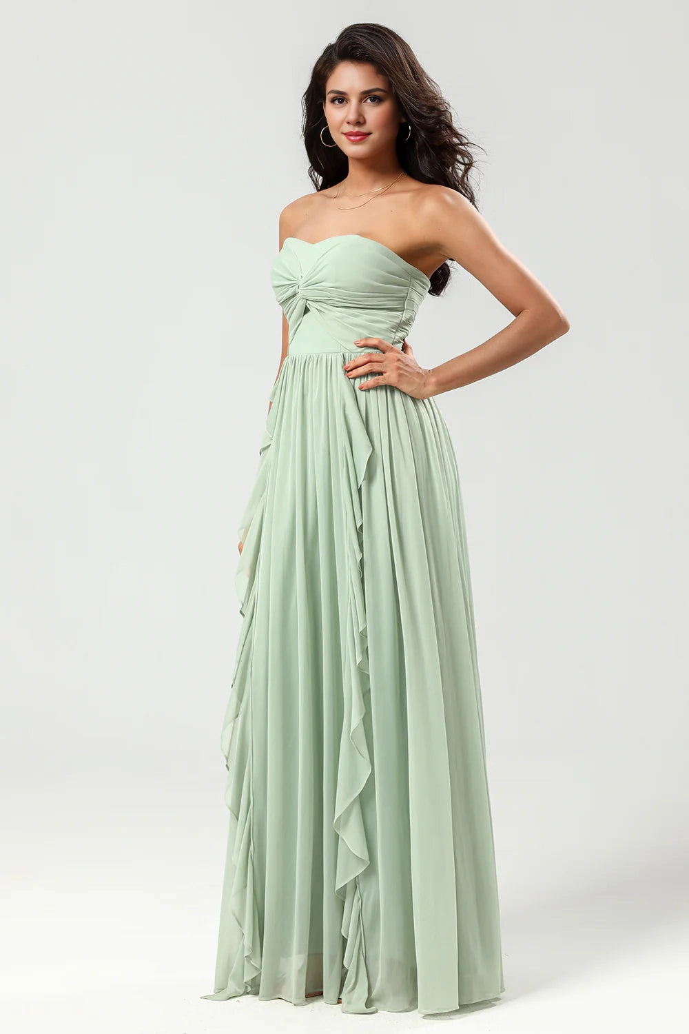 OKBBN charming A-line sweetheart long knitted chiffon ruffled Bridesmaid Dresses