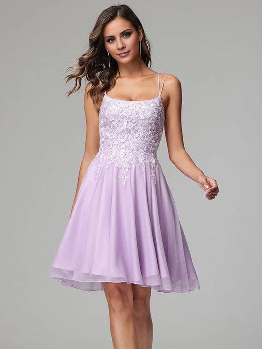 OKBBN charming A-line thin shoulder strap decal short Homecoming Dresses