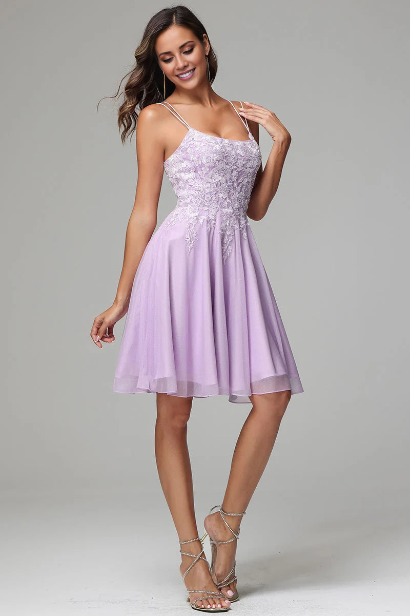 OKBBN charming A-line thin shoulder strap decal short Homecoming Dresses