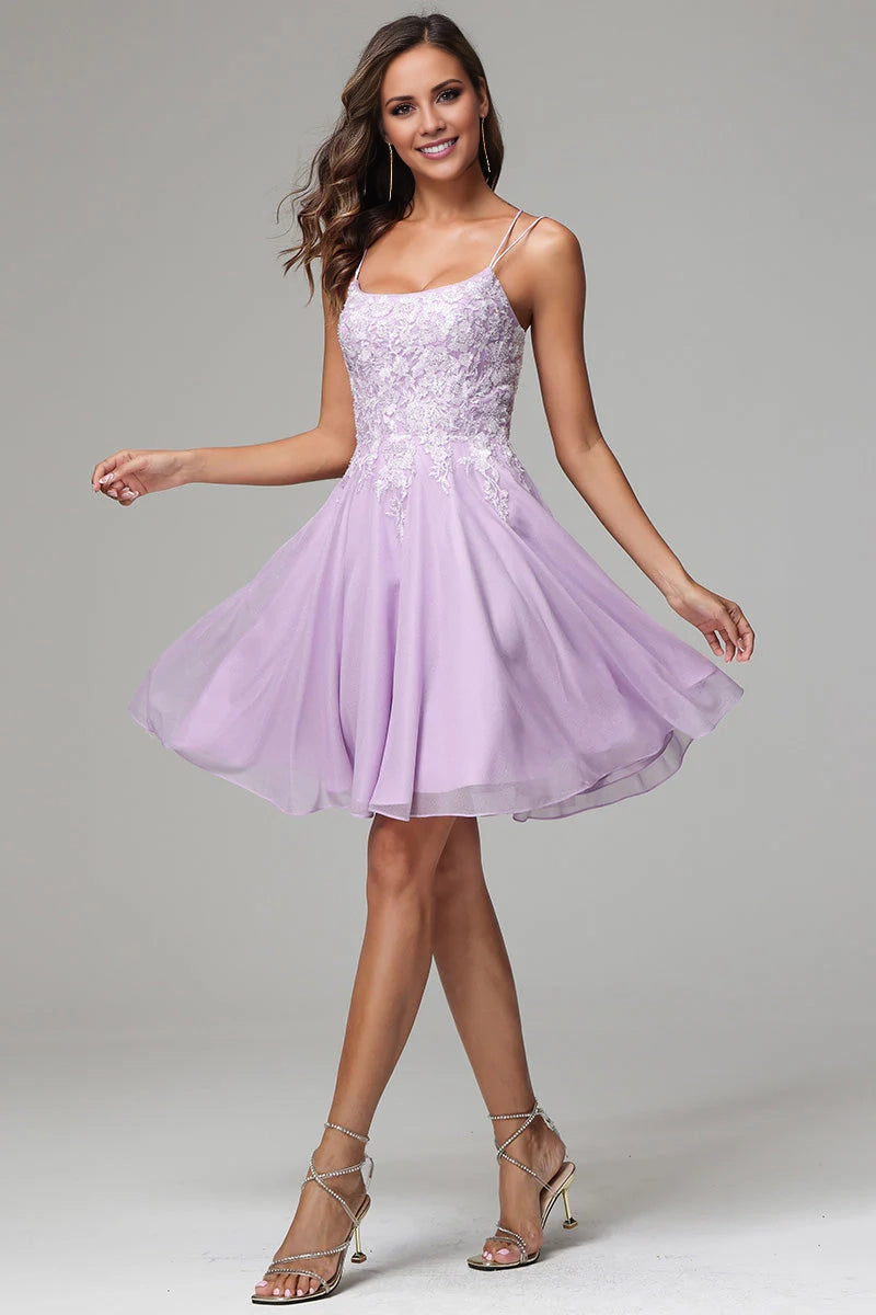 OKBBN charming A-line thin shoulder strap decal short Homecoming Dresses